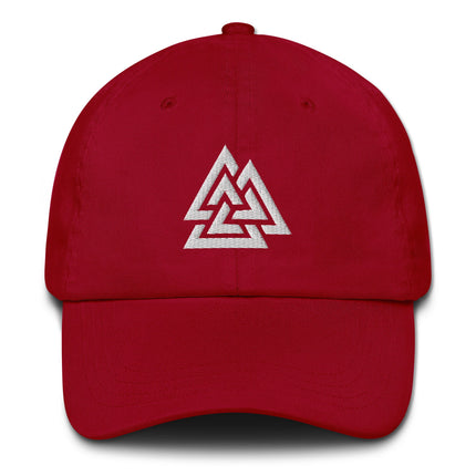 Norse Valknut symbol embroidered baseball cap for Viking warrior style.