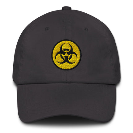 Black and yellow embroidered biohazard symbol warning sign cap.
