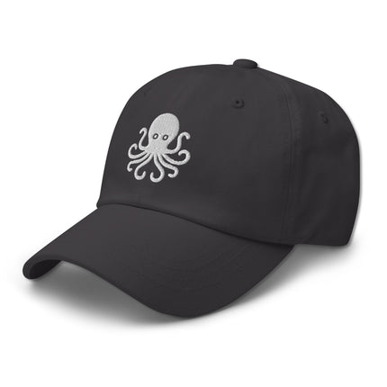 Nautical dad hat featuring detailed embroidered octopus embroidery on an unstructured baseball cap.