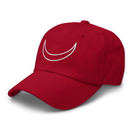 Embroidered crescent moon baseball cap featuring a celestial lunar symbol.