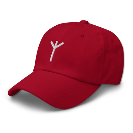 Black baseball cap with embroidered Algiz rune symbol for Norse protection.