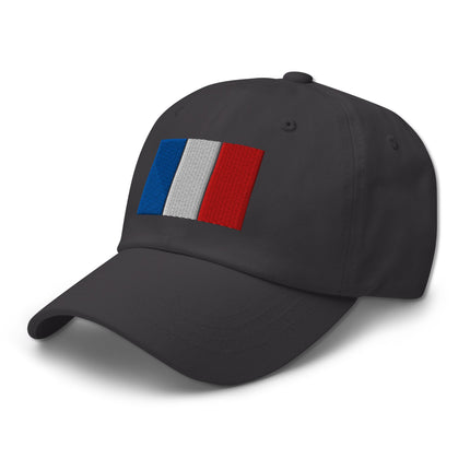 Black baseball cap with embroidered blue, white, and red French tricolor flag design.