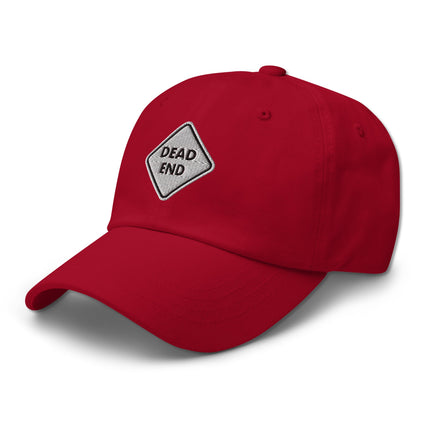 Dead End embroidered road sign baseball cap dad hat with warning symbol design.