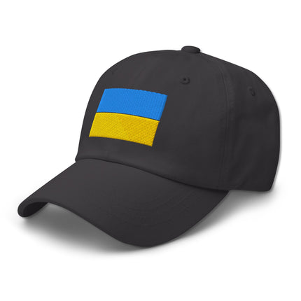 Black baseball cap with embroidered blue and yellow Ukrainian flag design.