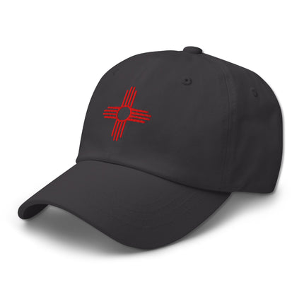 Embroidered Zia Sun baseball cap featuring New Mexico southwest style dad hat design.