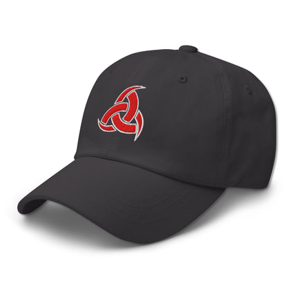 Red dad hat embroidery of Norse Odin's horns and Viking symbols on a cotton cap.