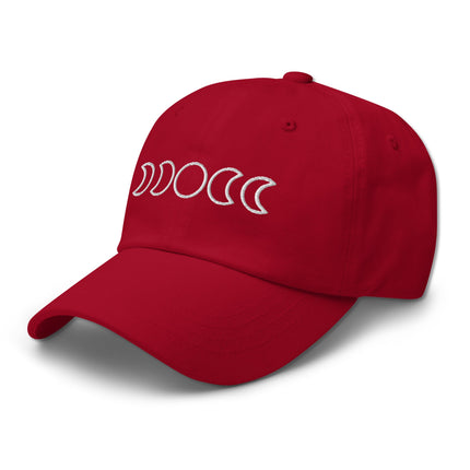 Embroidered baseball cap displaying the complete lunar cycle and various moon phases graphic.