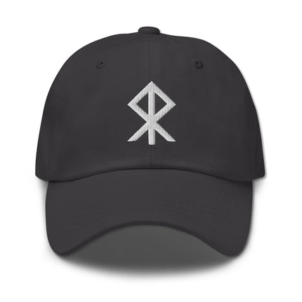 Embroidered Norse Courage Bind rune hat featuring Viking Elder Futhark symbols.