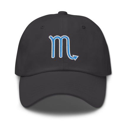 Blue baseball cap with embroidered Scorpio zodiac sign symbol for astrology fans.