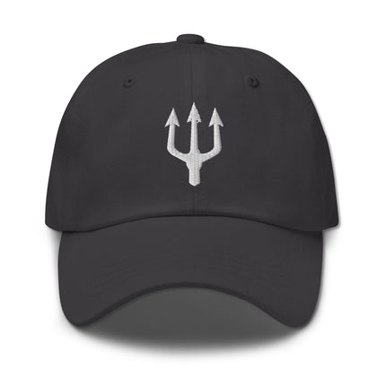Embroidered trident poseidon dad hat baseball cap featuring sea god symbol design.