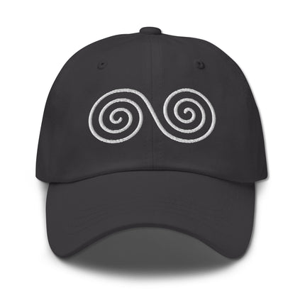 Embroidered Celtic infinity symbol double spiral baseball cap with knotwork design.