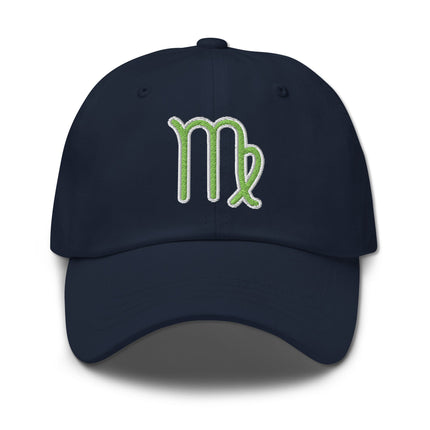 Green dad hat with embroidered Virgo constellation symbol and zodiac sign.