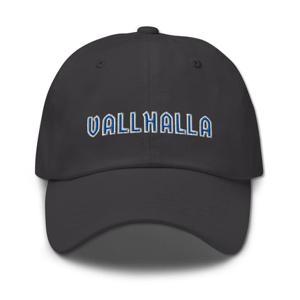 Blue baseball cap with Valhalla embroidery; Norse mythology Viking themed hat.