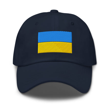 Black baseball cap with embroidered Ukrainian flag design for support and solidarity.