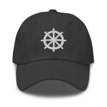 Embroidered Dharma Wheel baseball cap featuring the Buddhist eight-spoked wheel symbol.