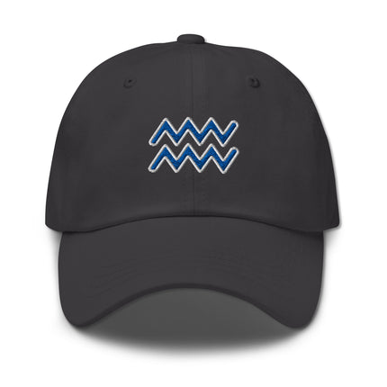 Blue embroidered Dad Cap featuring the Aquarius zodiac sign symbol for astrology lovers.