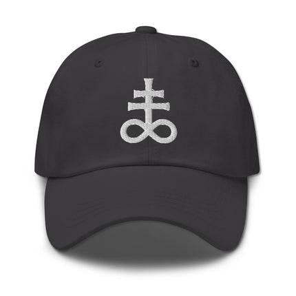 Embroidered Leviathan Cross baseball cap featuring a brimstone symbol design.