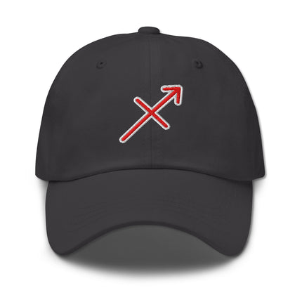 Red embroidered Sagittarius zodiac symbol hat featuring an arrow design for horoscope lovers.