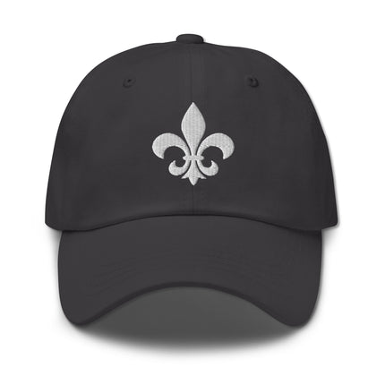 White embroidered baseball cap featuring the classic Fleur de Lis French lily symbol.
