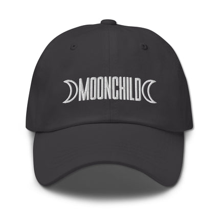 Embroidered dad cap with triple moon and spiral wiccan goddess symbol design.