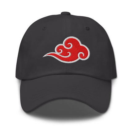 Red dad hat embroidered with auspicious Chinese cloud design on a red baseball cap.