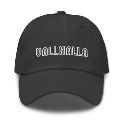 Embroidered Valhalla Viking baseball cap with Norse mythological embroidery design.