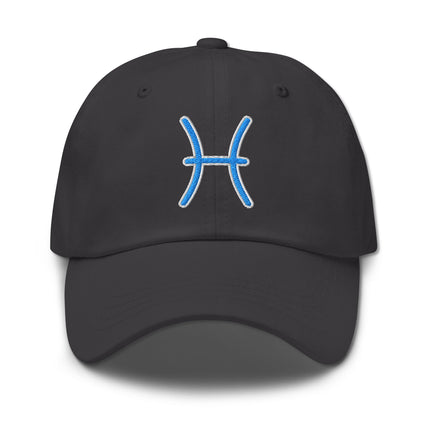 Embroidered blue Pisces zodiac symbol baseball cap for astrology sign lovers.