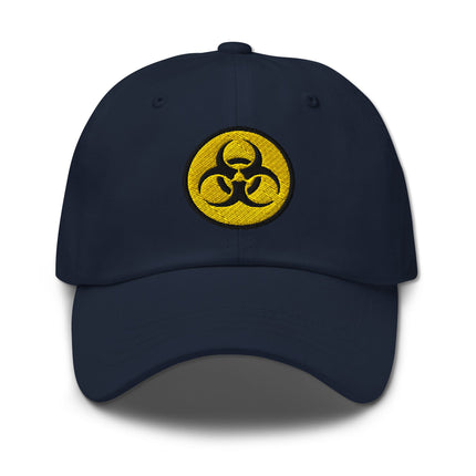 Yellow and black embroidered cap featuring a bold biohazard symbol warning sign design.