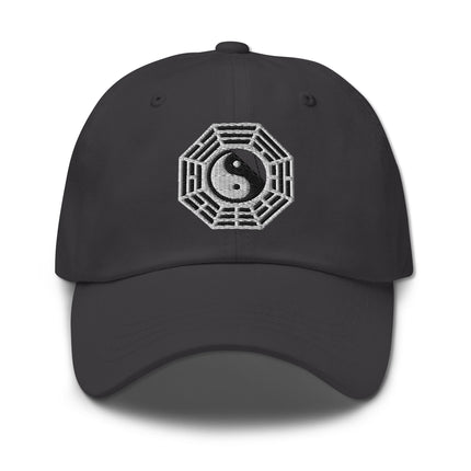 Embroidered Bagua Yin Yang eight trigrams unstructured baseball cap featuring Chinese philosophy symbols.