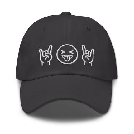 Embroidered dad hat with rock on hands and playful tongue-out emoji face design.