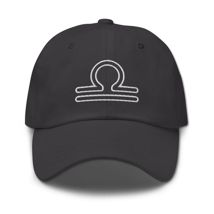 Embroidered cap featuring the Libra zodiac scales symbol outline for astrology lovers.