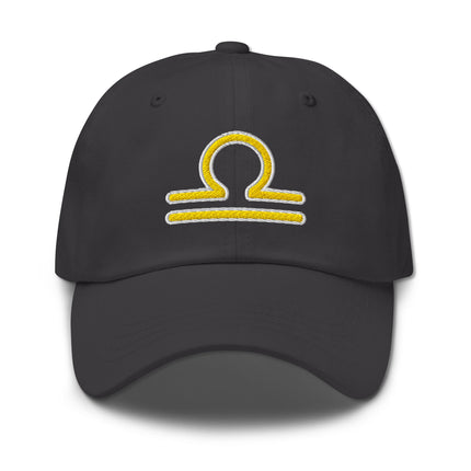 Embroidered yellow Libra zodiac symbol baseball cap for astrology lovers.