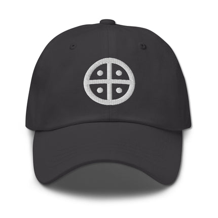 Embroidered solar cross baseball cap featuring an ancient sun wheel motif.