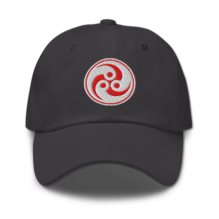 Red embroidered Tomoe Mitsudomoe symbol baseball cap with Japanese design.