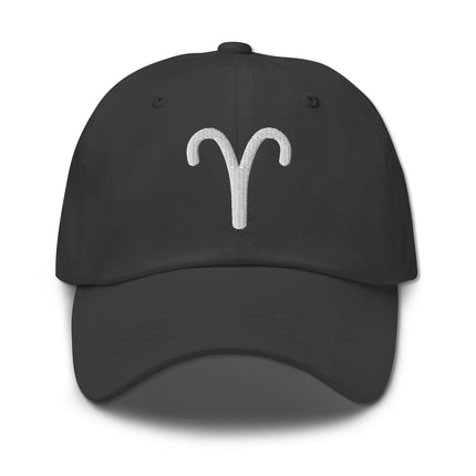 Aries zodiac symbol embroidery on a baseball dad hat cap for astrology fans.