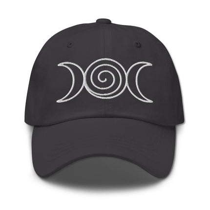 Triple Moon and spiral embroidered dad hat featuring wiccan goddess symbolism.