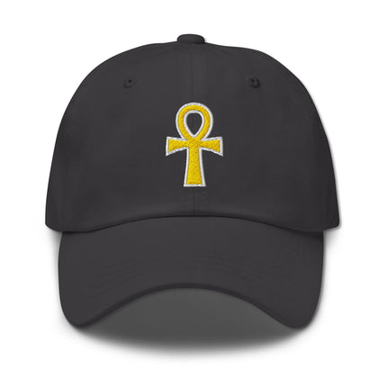 Gold Ankh embroidery on a classic black baseball cap, featuring the Egyptian symbol of life.