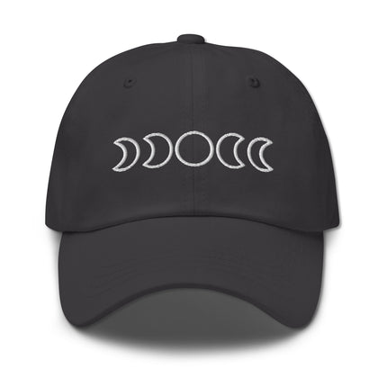 Moon phase baseball cap dad hat featuring embroidered lunar cycle design.