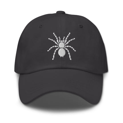 Black baseball cap featuring an embroidered tarantula spider design.