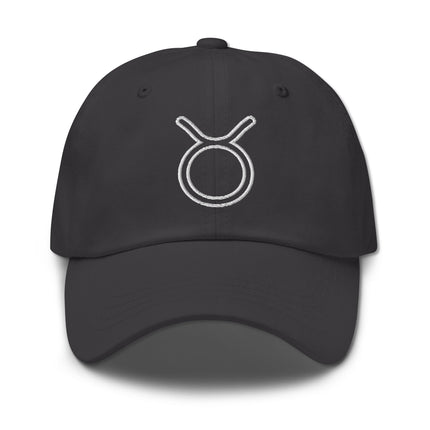 Black embroidered baseball cap with Taurus zodiac constellation outline.