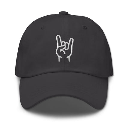 Embroidered rock metal baseball cap with sign of the horns hand gesture.