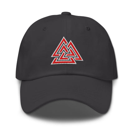 Red baseball cap with embroidered Norse Valknut symbol.