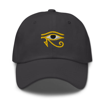 Embroidered Eye of Horus dad hat featuring Egyptian mythology on a baseball cap.