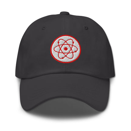 Black baseball cap featuring embroidered radioactive atom symbol for science enthusiasts.