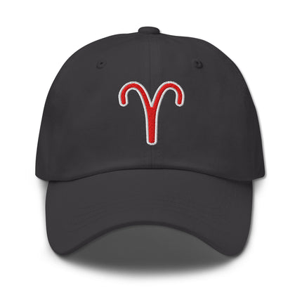 Red Aries zodiac embroidery on a classic black baseball cap for men or women.