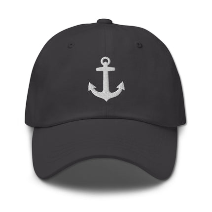 Embroidered nautical anchor baseball cap with marine symbol graphic, dad hat style.