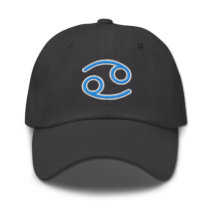 Blue embroidered baseball cap featuring Cancer zodiac sign astrology design.