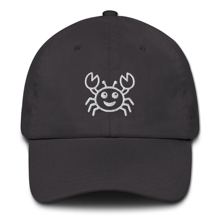Embroidered baseball cap with a smiling cartoon crab, perfect for cute sea life lovers.