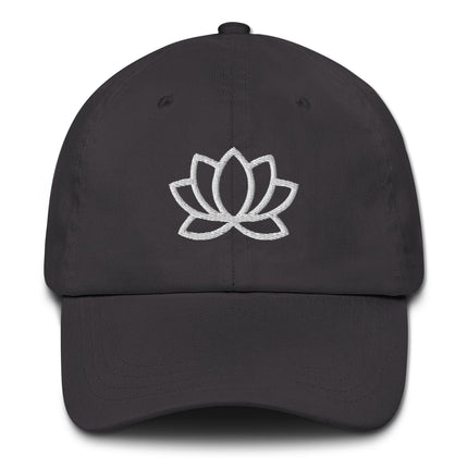 Cotton dad hat featuring detailed lotus flower embroidery on an unstructured cotton baseball cap.