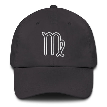 Black baseball cap embroidered with the Virgo zodiac outline symbol. Astrology-themed celestial headwear.